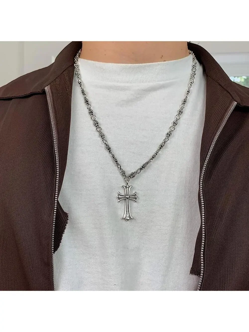 Y2K Silver Cross Necklace 24 Inch Unisex
